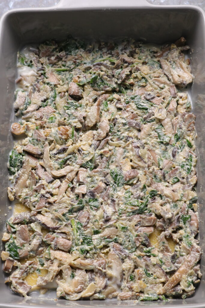 mushroom and chestnut filling in a lasagne tray