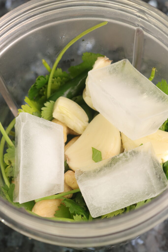 coriander chutney ingredients inside a blender jug