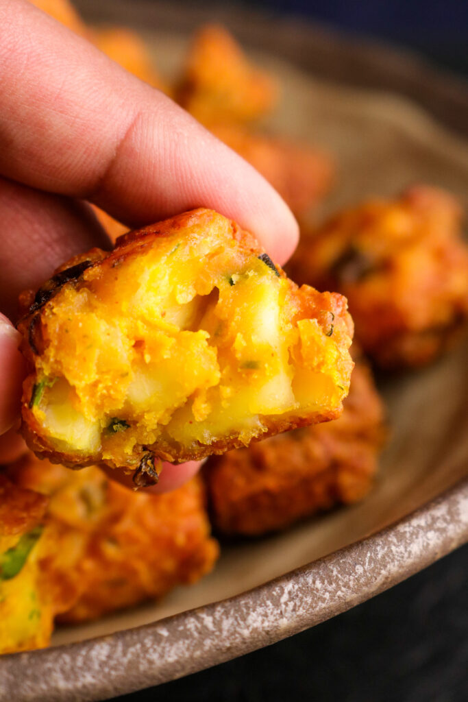 Halloumi bhajia dunked in sweet chilli sauce