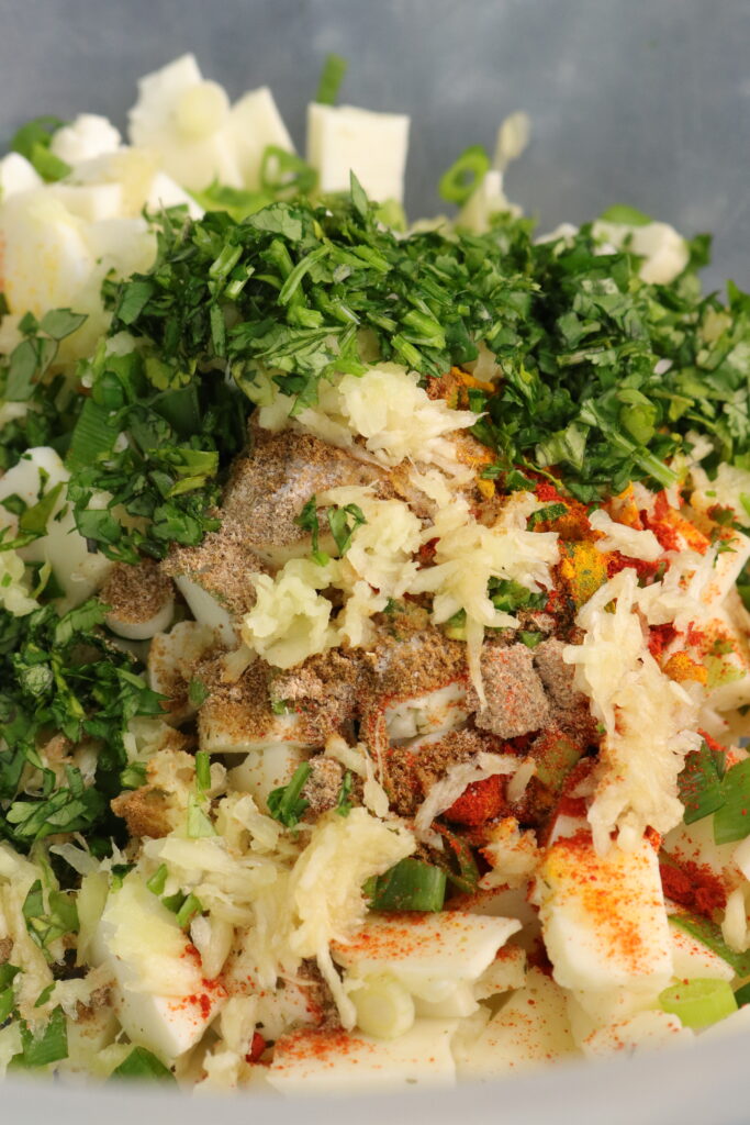 halloumi bhajia mixture in a bowl