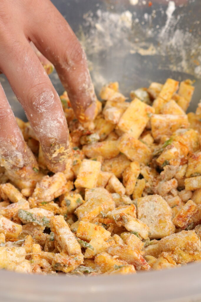 halloumi and spices coated with chickpea flour and cornflour