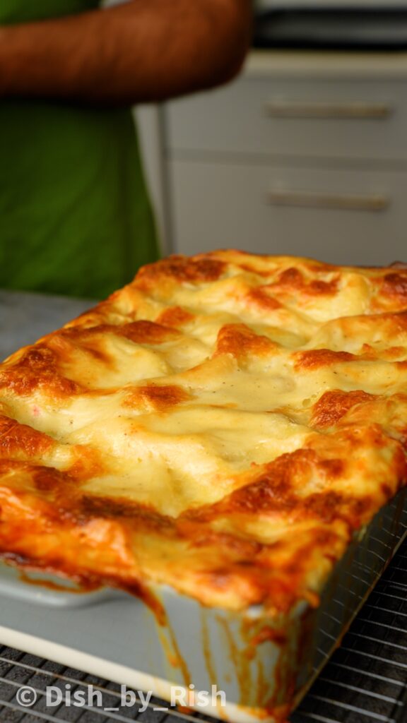 roasted aubergine and arrabbiata lasagne straight out of the oven