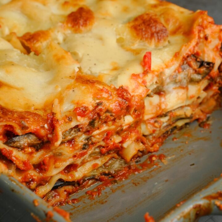 roasted aubergine and arrabbiata lasagne