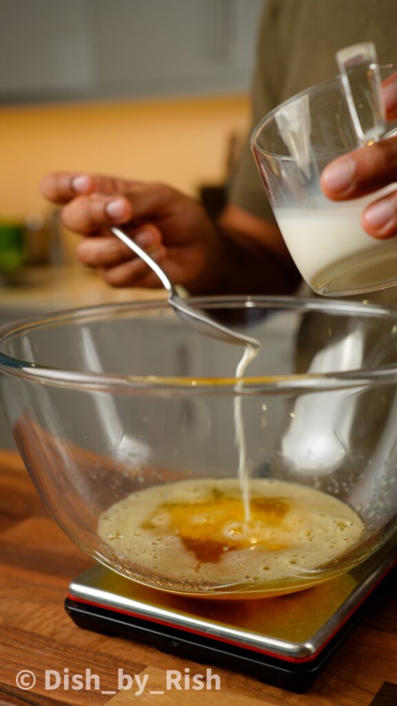 brown butter and milk in a mixing bowl