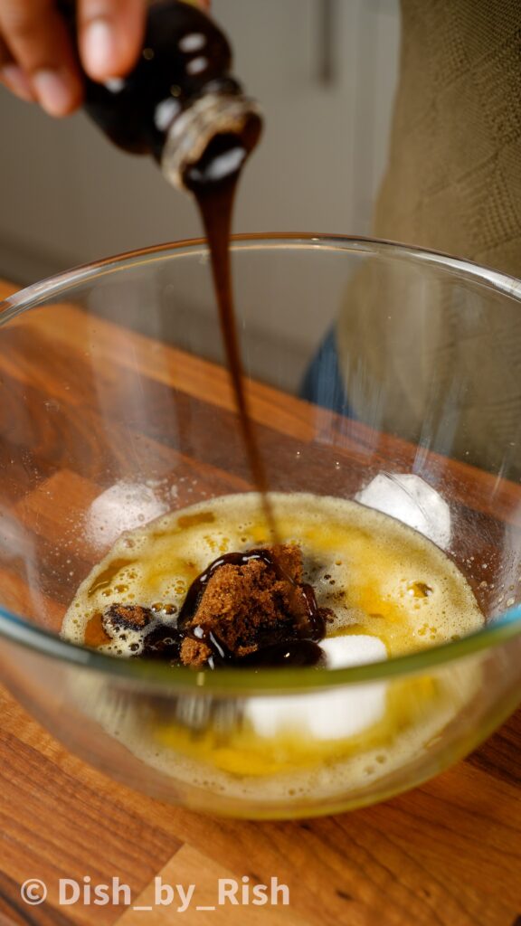 brown butter, sugar and vanilla in a mixing bowl