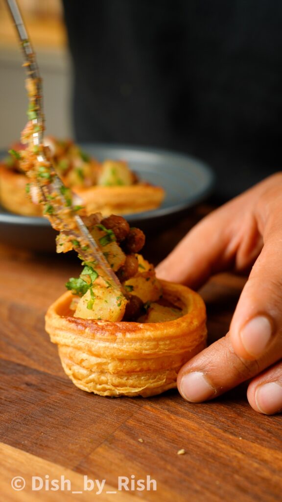 stuffing vol-au-vent cases with chaat filling