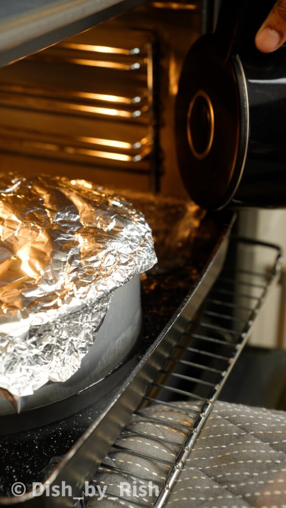 baking the chiffon cake covered with foil in a water bath