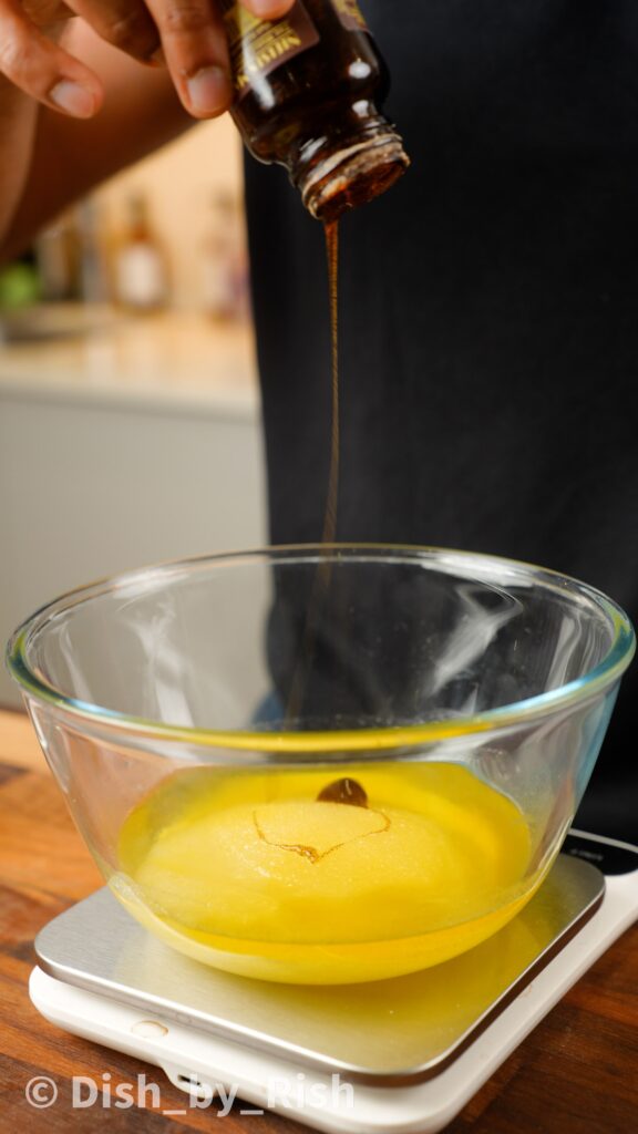 butter, oil, sugar, and vanilla in a mixing bowl