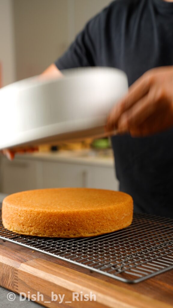 cake removed from oven and tin and placed on cooling rack