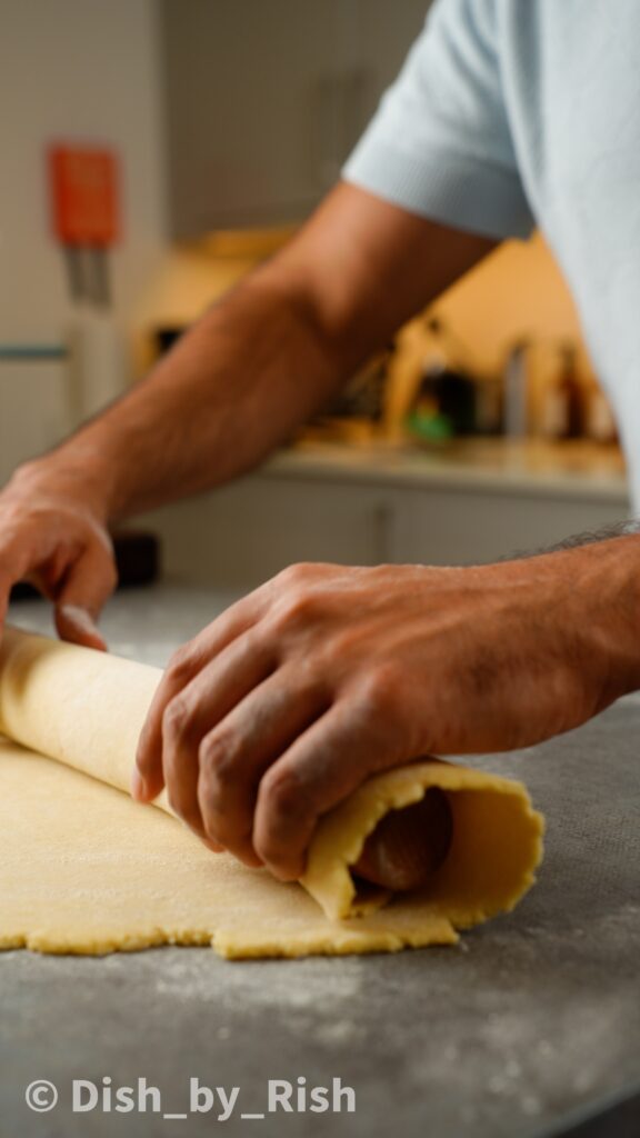 rolling up pastry dough around rolling pin