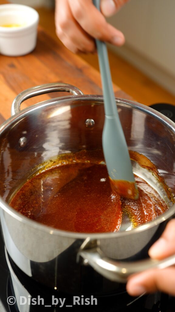 caramelising sugar in a saucepan