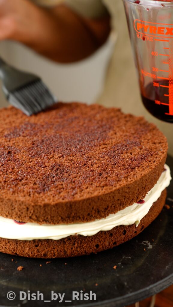 second layer of chiffon cake brushed with Kirsch syrup