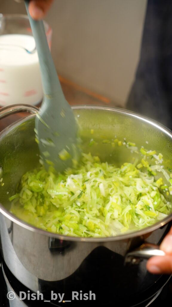 sautéing leeks, garlic, and thyme in butter