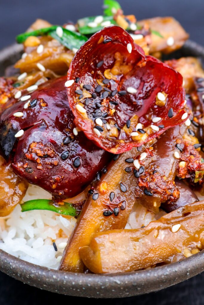 aubergine and garlic chive stir fry