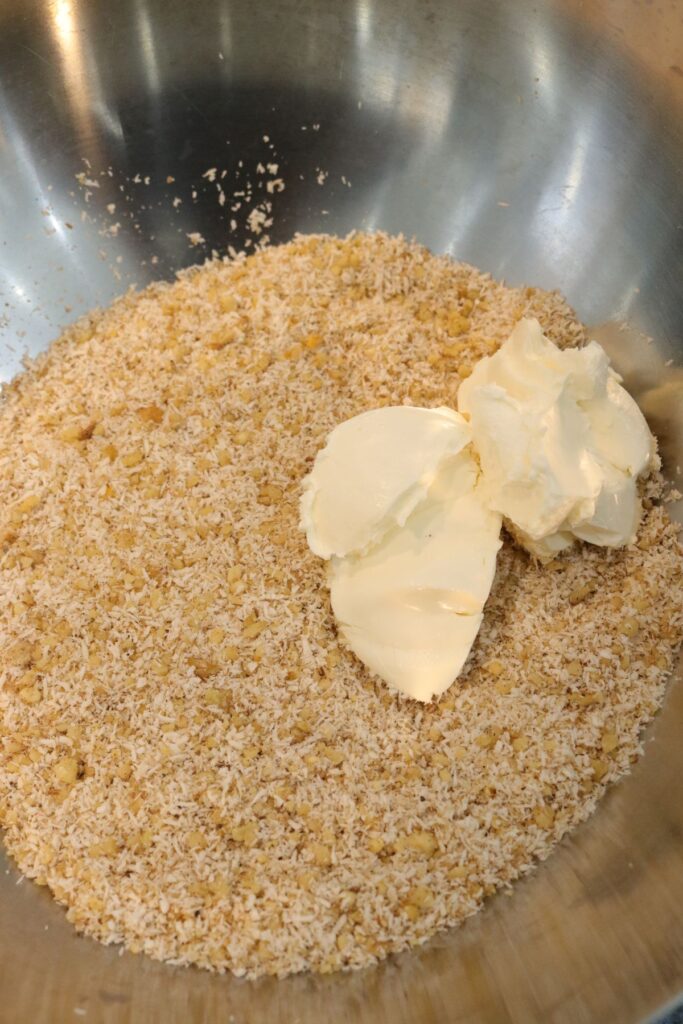 cream cheese added to coconut and walnut baklava filling