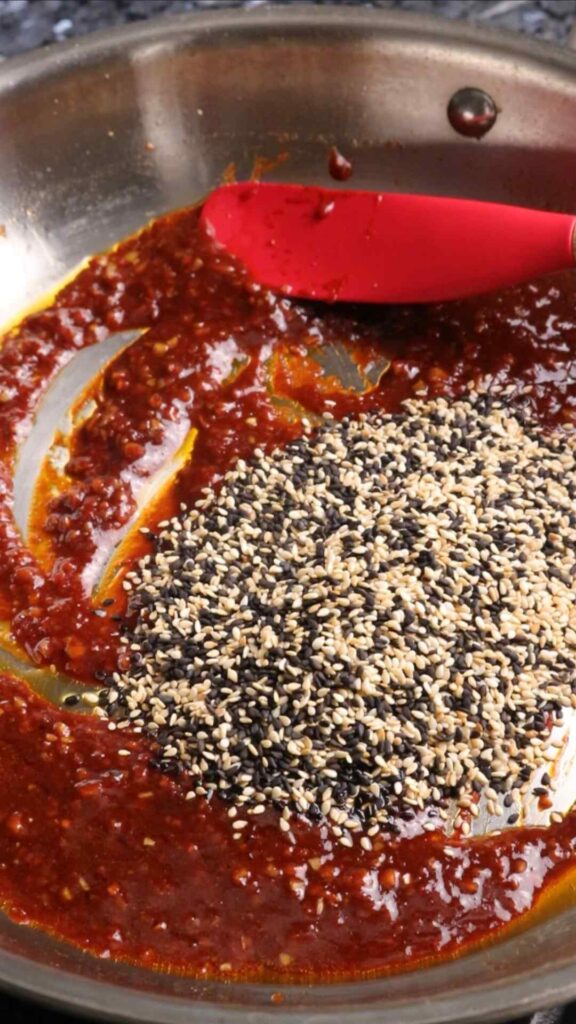 spicy garlic and sesame sauce in a pan